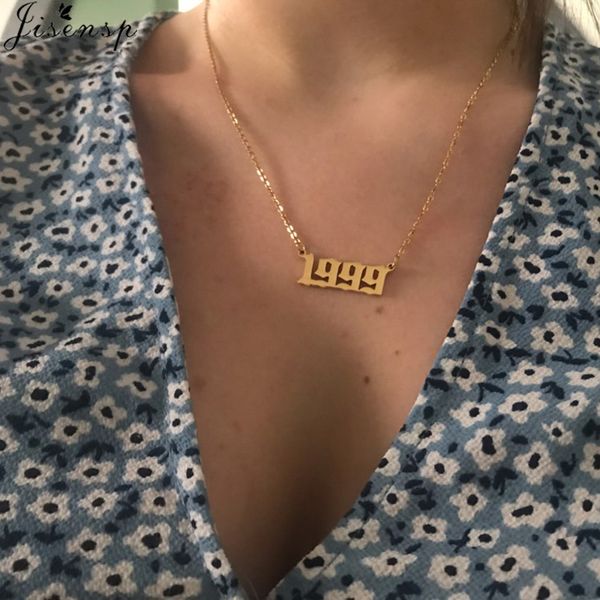 

necklacejisensp gold year number stainless steel necklace women date of birth custom necklace collares mujer punk jewelry 1980 to 2020, Silver