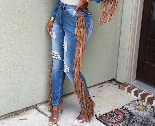 

felyn 2020 jeans tassel ruched summer casual denim long pants, Blue