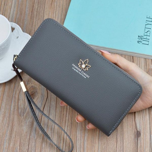 

gray wallet ladies long fashion 2020 japan and south korea zipper large capacity litchi pattern leaf wallet clutch bag 11