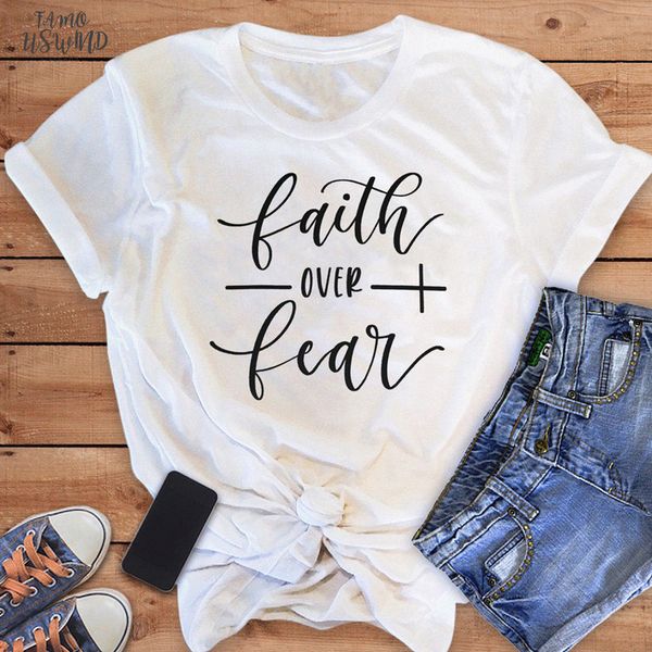 

faith over fear christian t shirt religion clothing for women faith shirt graphic fearless slogan vintage girl tees, White