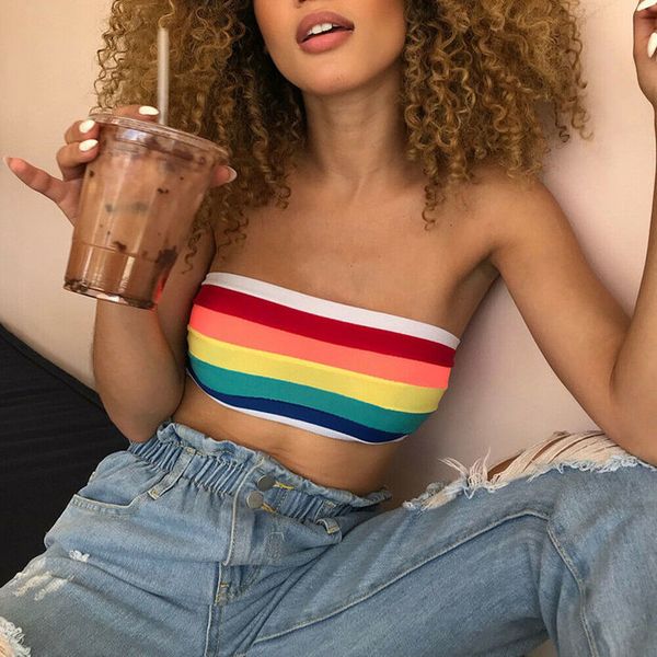 

summer tube women strapless bustier crop stripe vest bandeau rainbow striped bralette brassier female, White