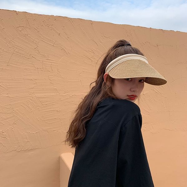 

2020 outdoor empty shade hand woven straw korean style female summer straw sun hat duck tongue holiday sun hat, Blue;gray