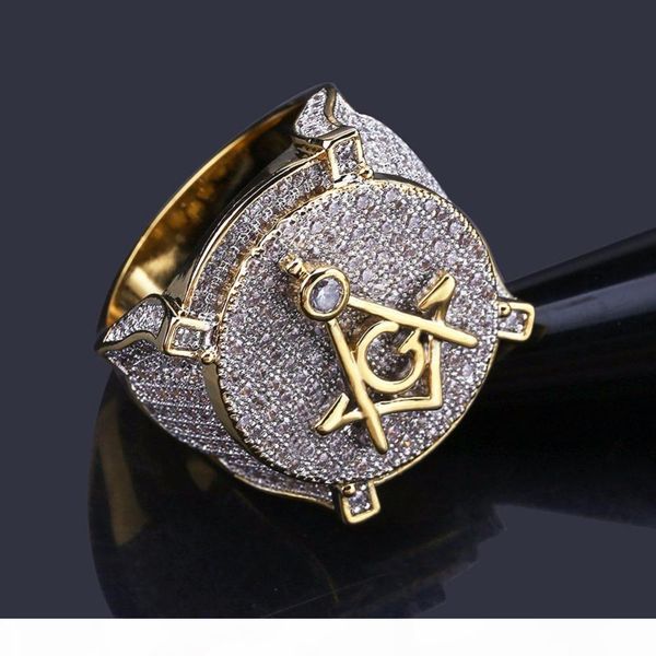 

cz zircon ice out bling big wide masonic ring gold filled copper material asonry rings men hip hop rapper ring size 6-10#, Golden;silver