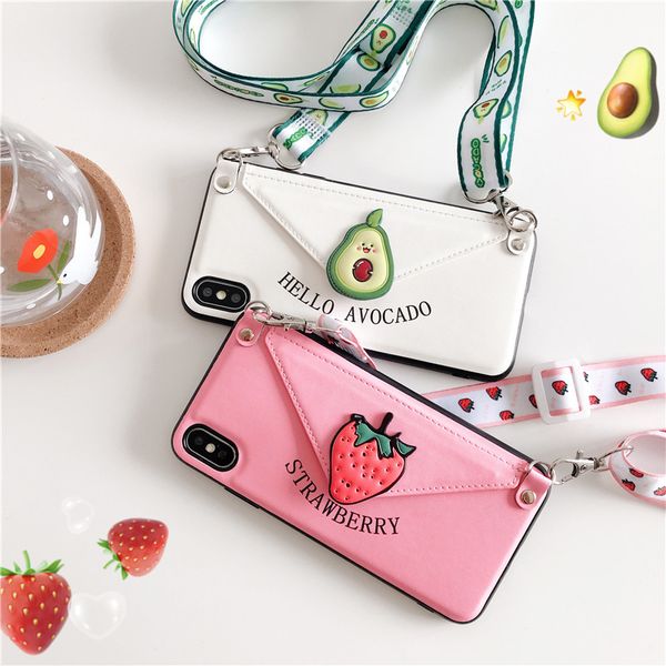 

avocado strawberry wallet case for iphone xr x xs 11 pro max soft pu phone cases for iphone 6 6s 7 8 plus lanyard strap covers