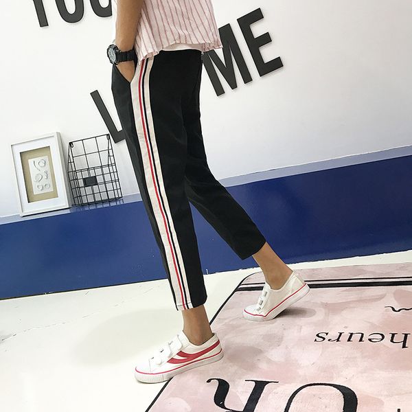 

spring and summer 2020 men's small feet striped cropped pants male students sports streetwear teenagers loose harem pants men, Black