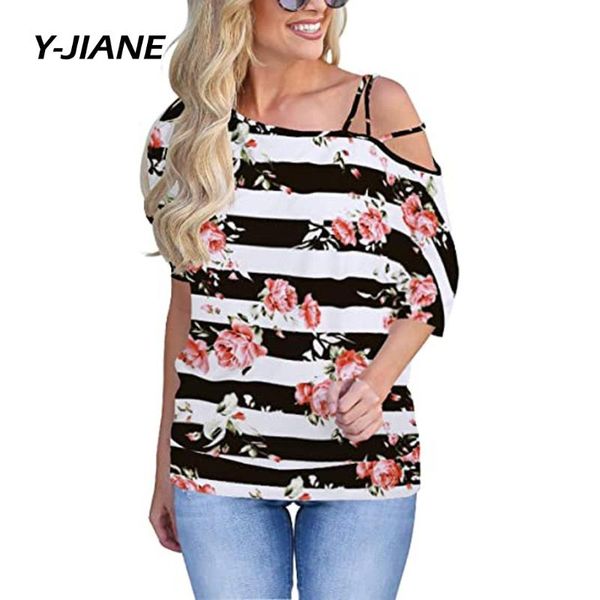 

women's t-shirt woman print shirts off shoulder strap 2021 casual shirt summer kawaii floral striped ropa de mujer#g3, White