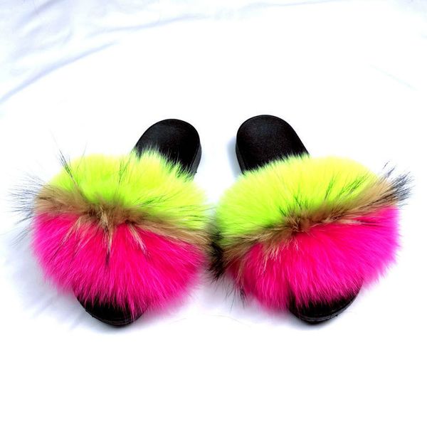 

2020 new real fur slides fluffy slipper plush flats summer fur flip slops lovely furry shoes, Black