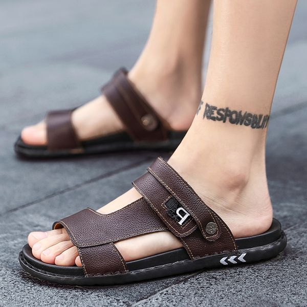 

split leather men beach sandals casual men slipper leather fashion breathable sandals slipppers shoes male flipflop plus size 46, Black