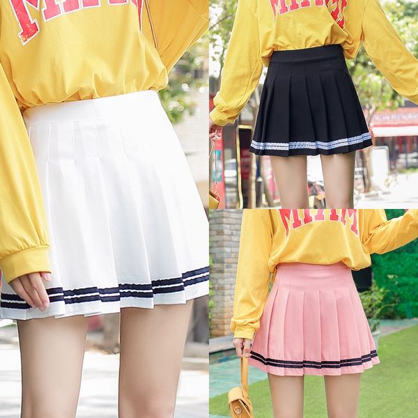 

dbfka spring and summer high waist elastic student new pleated striped pleated versatile a- line anti-exposure skirt striped skirt for wome, Black