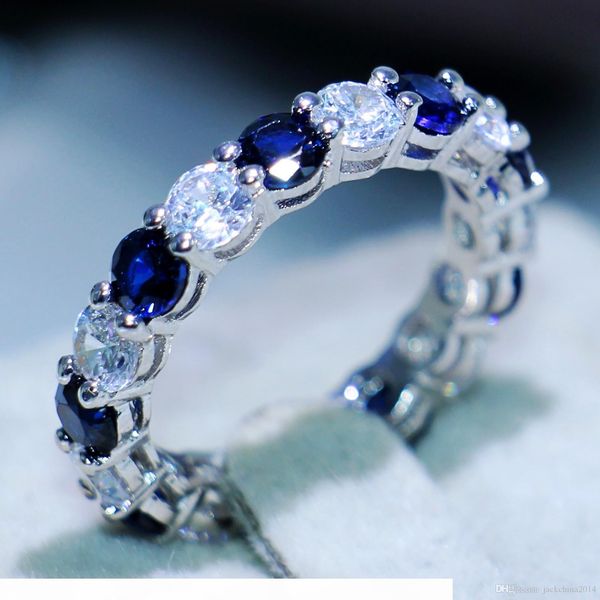 

victoria wieck luxury jewelry 925 sterling silver round cut blue sapphire cz didmond enternity gemstones women wedding engagement band ring, Slivery;golden