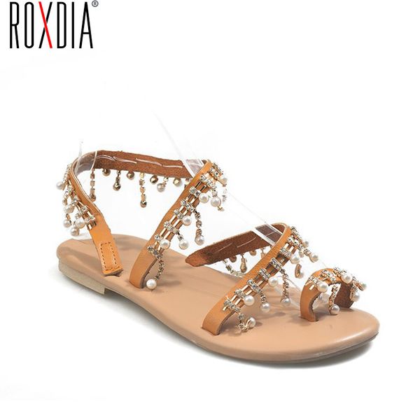 

roxdia сандалии большой женской обуви перлы способа украшения плоской подошве rxm554, Black