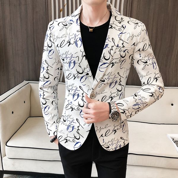 

2020 spring male business prom wedding costume homme blazer jacket men fashion print casual slim blazer suit jacket, White;black