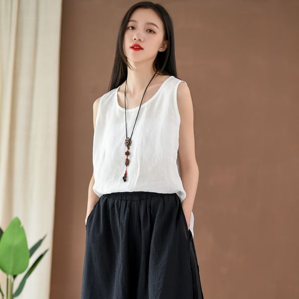 

johnature tank lady casual 2020 new summer clothes o-neck collar solid color linen vintage comfortable loose women tank, White