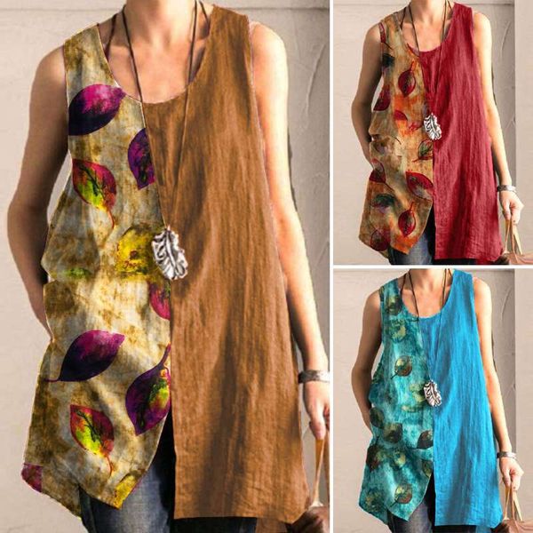 

zanzea 2020 elegant wstiching tank omen's printed blouse sleeveless blusas female casual blusas plus size tunic chemise top, White