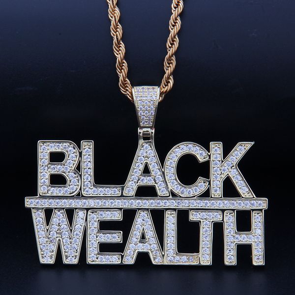 

new custom 14k white gold finish men's black wealth fully iced out zircon hiphop pendant necklace, Silver