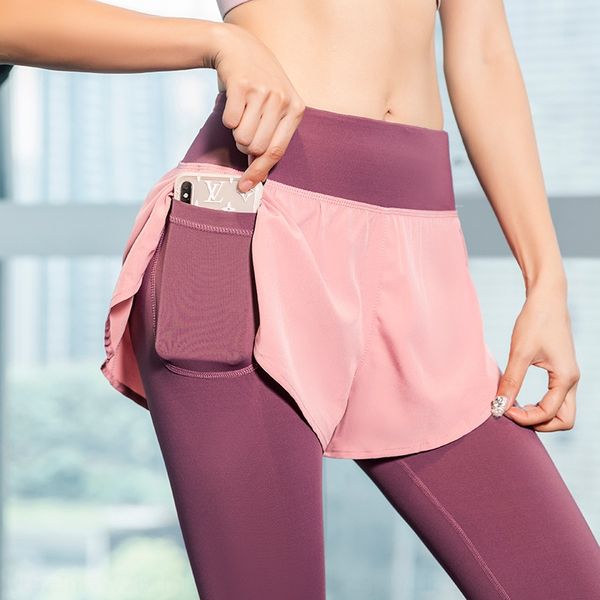 

jwkow summer contrast color fake two-piece trousers women's quick-drying summer contrast color fake two-piece pan fitness embarrassment, White;red