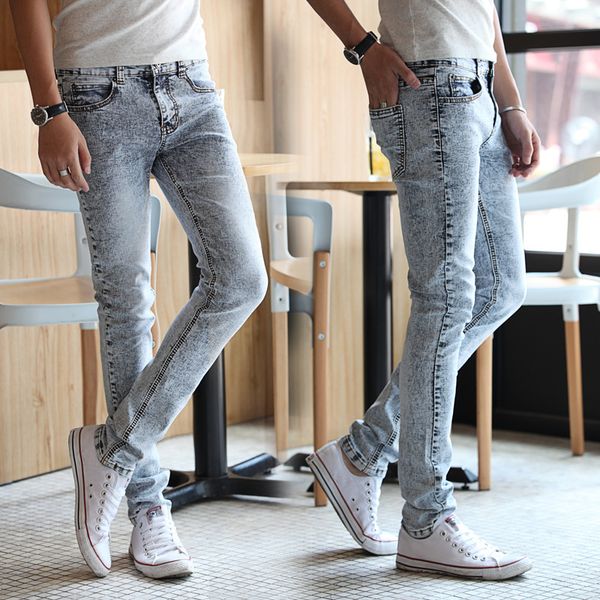 

2020 men's slim-fit skinny pants pencil jeans youth stretch snowflake jeans, Blue