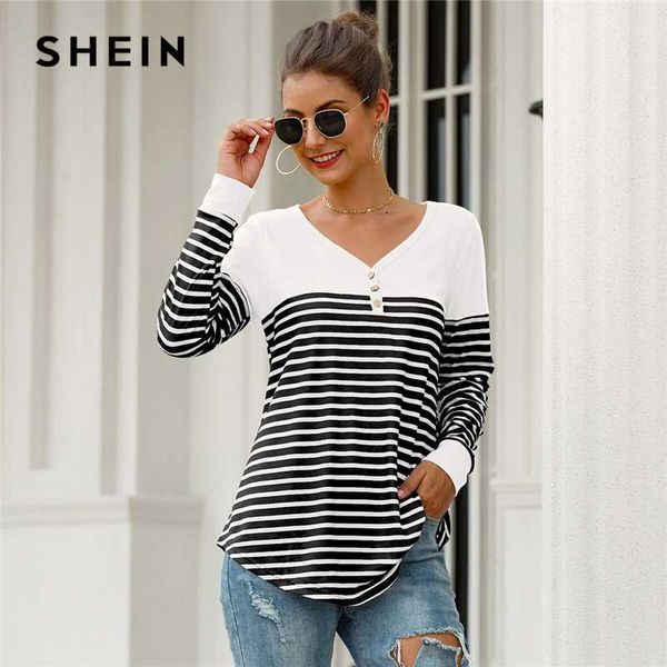 

shein black and white striped button front curved hem tee women spring half placket v-neck long sleeve casual t-shirts