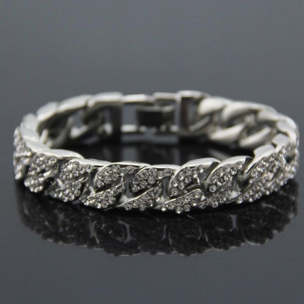 

mens luxury gold color iced out rhinestone fashion bracelets & bangles miami cuban link chain bracelet for hip hop, Golden;silver