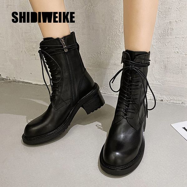

2020 fashion new woman boots women's high platform boots women's leather motorcycle mid-calf v88, Black