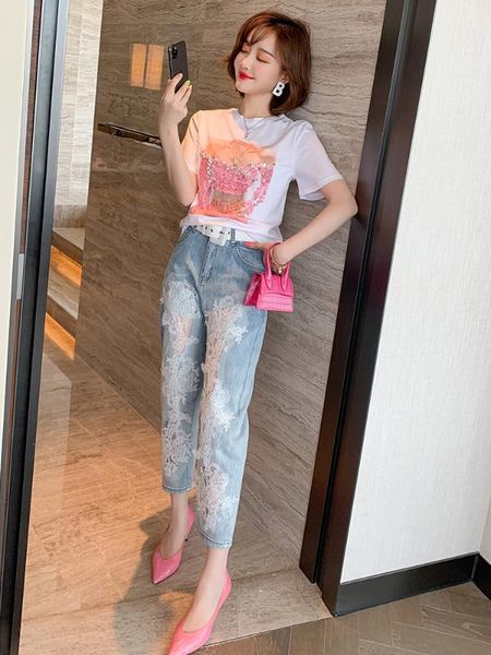 

fashion stitching lace mesh perspective loose temperament straight jeans women's fashion summer new style, White