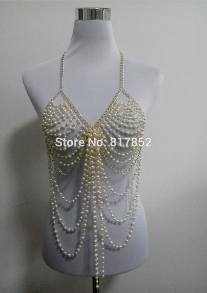 

new style fashion women gold colour chains imitation pearls beads bra body chains jewelry 2 colors wrb21 t200508, Silver