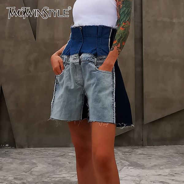 

twotwinstyle patchwork hit color denim shorts women high waist tunic pockets loose shorts female 2020 summer new fashion clothes, White;black