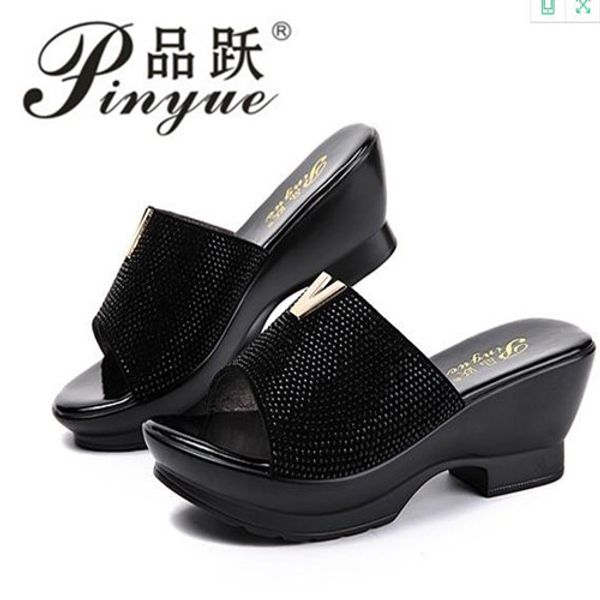 

summer platform slippers rhinestone soft surface thick heel shoes mother women's genuine leather breathable sandals, Black
