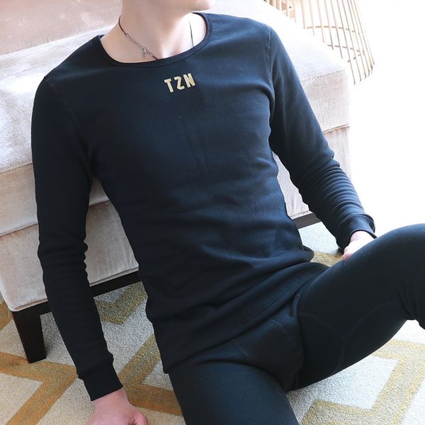 

fan bo er new men's thermal underwear set fleece lining men's long johns cotton jersey autumn warm trousers underwear trousers, Black;white