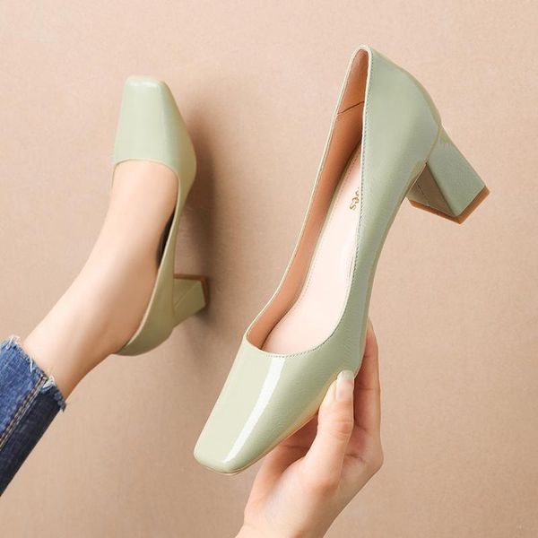 

2020 new women 6cm high heels lady scarpins chunky square head pumps block low heels square toe office apricot green shoes, Black