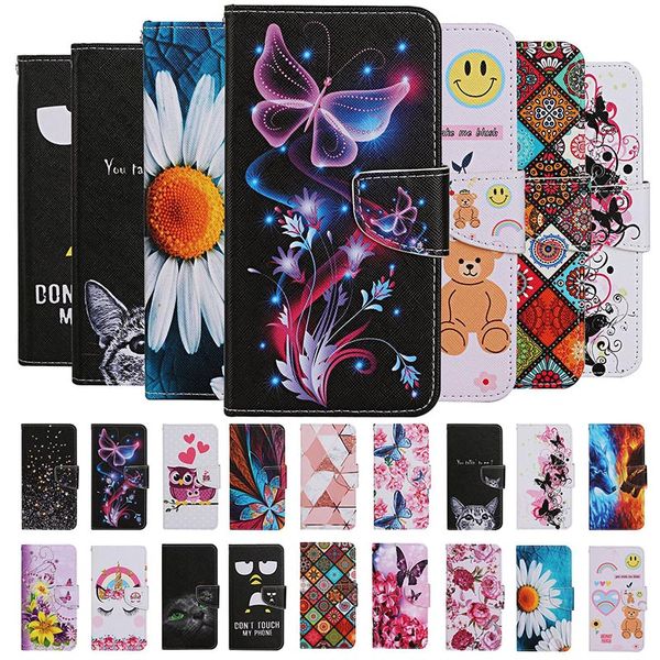 Leder-Mappe Katze Eule Blumen-Schmetterlings-Wolf Rose-Bär-Kartenhalter-Schlag-Fall für Huawei P30 P40 PRO P30 P40 LITE Y5P Y6P Y7P P SMART 2020