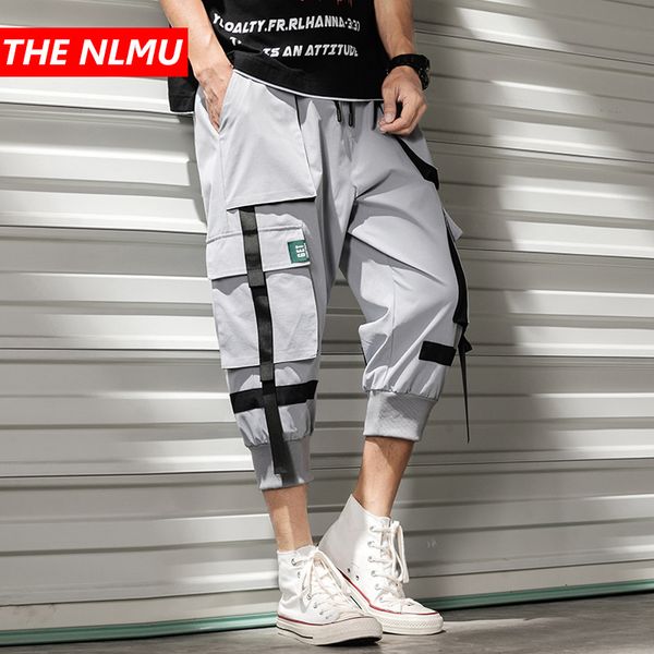 

men hip hop calf-length pant cargo pants 2020 summer ribbon streetwear short joggers pants men designer 3/4 capri wg891, Black