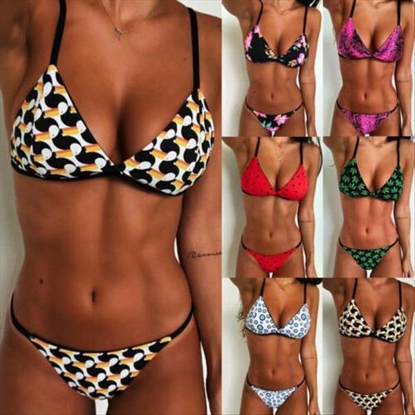 

women micro print bikinis set push up padded bra thongs swimwear neon bandage swimsuit bathing suit, White;black