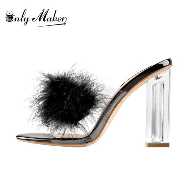 

onlymaker women's fashion black fur slip-on sandals clear square heel pvc shoes for summer