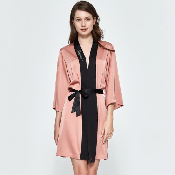 

birde bridesmaid wedding robe satin sleepwear silky women kimono gown summer silky bathrobe gown female casual home clothes, Black;red