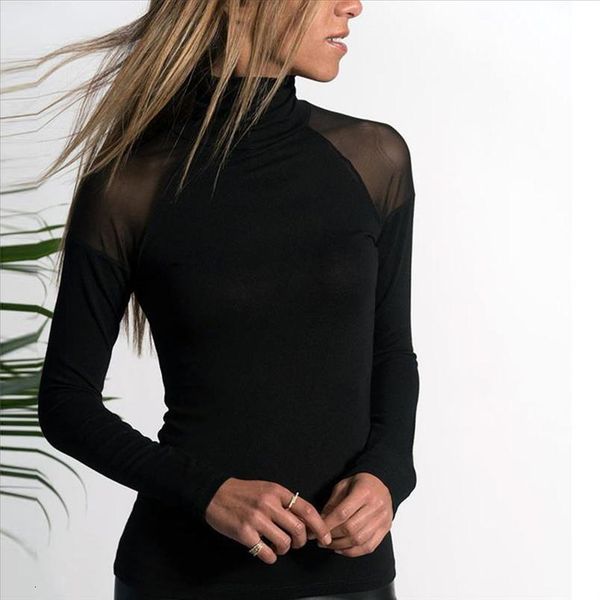 

womens tshirt solid color casual black long sleeved mesh high neck women t shirt camisetas muje 2020 drop shipping, White