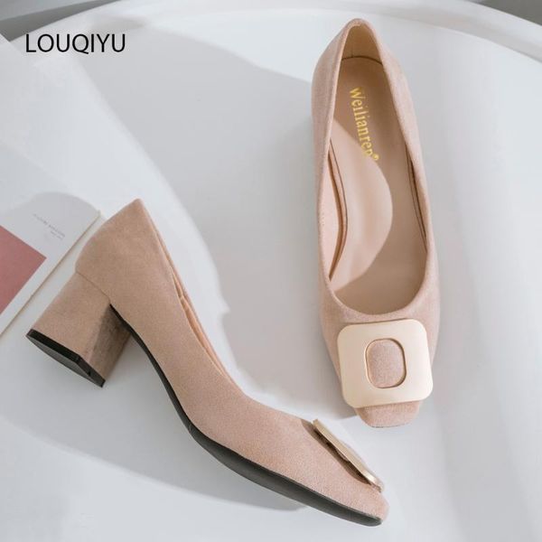 

31-43 big size women high heels soft suede metal buckle pumps mid block heel party casual shoes 5cm square toe good quality 2020, Black