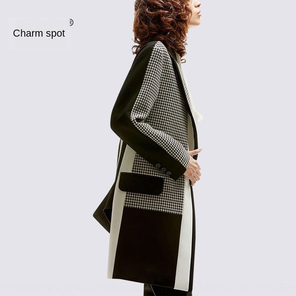 

charming spot stitching coat contrast color plaid suit women's mid-length autumn new fashionable elegant small suit coat, White;black