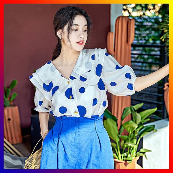 

элегантная женская полька кукла рубашка точка 2020 новый корейский стиль женской куклы воротник свободно середине рукав шифона рубашку, White