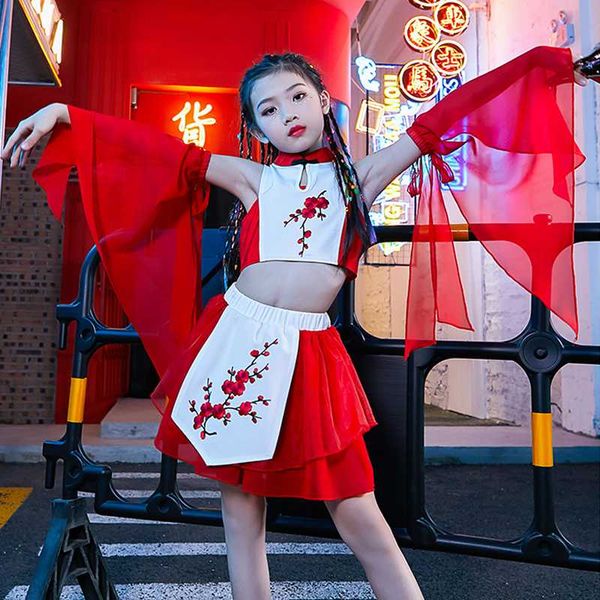 

stage wear girls jazz dancing costumes crop red skirt chinese festival performance street folk dance outfit kids clothes, Black;red