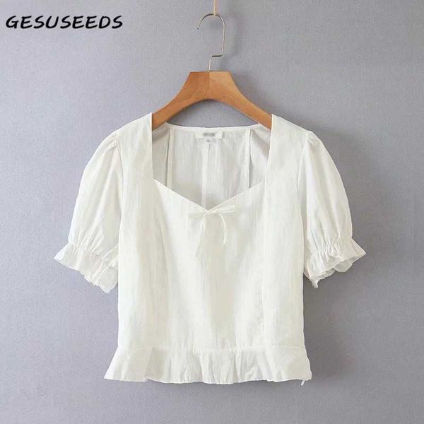 

women's blouses & shirts vintage blouse women korean puff sleeve white slim shirt square neck ruffle cute bow cotton streetwear 2021