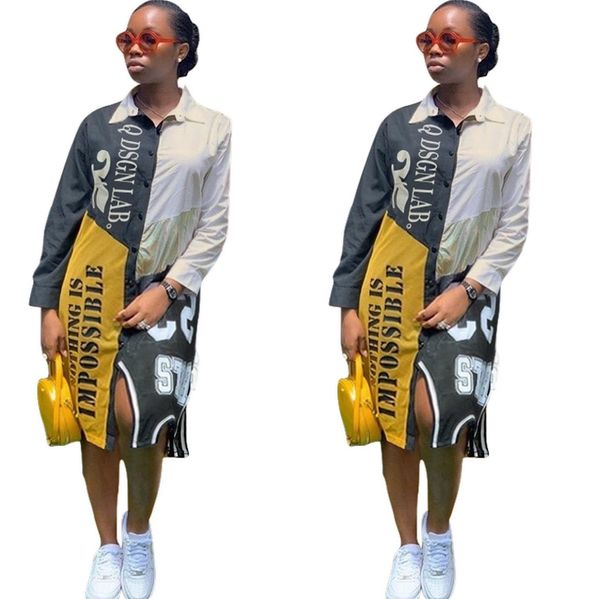 

letter print panelled shirt dress women long sleeve buttons split plus size dress autumn turn-down collar slim long dress, Black;gray