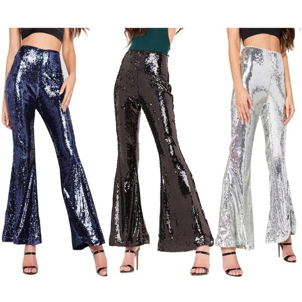 

2020 limited faux leather polyester women europe and america nightclub street temperament sequins trumpet pants, Black;white