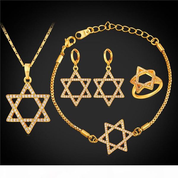 

cubic zirconia magen david necklace set for women platinum plated 18k real gold plated star of david engagement jewelry set, Silver