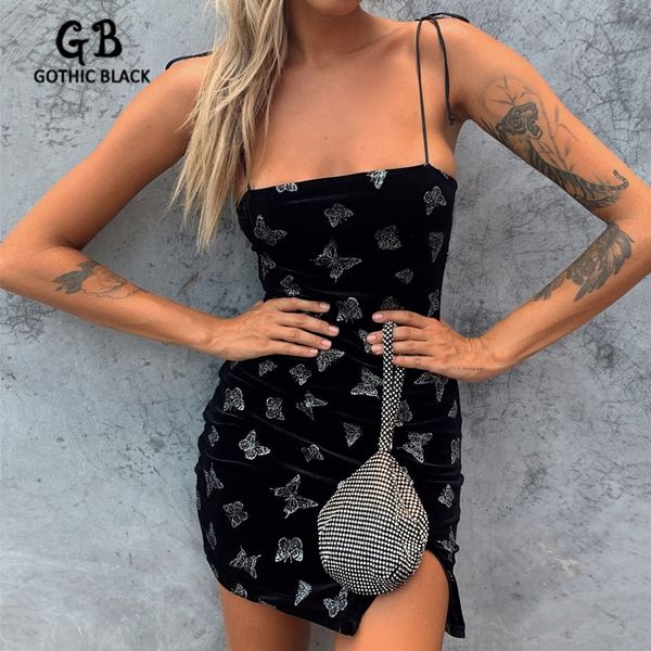 

gothic black women low cut slash neck butterfly printing velvet split slim dress goth female spaghetti straps mini dresses, Black;gray
