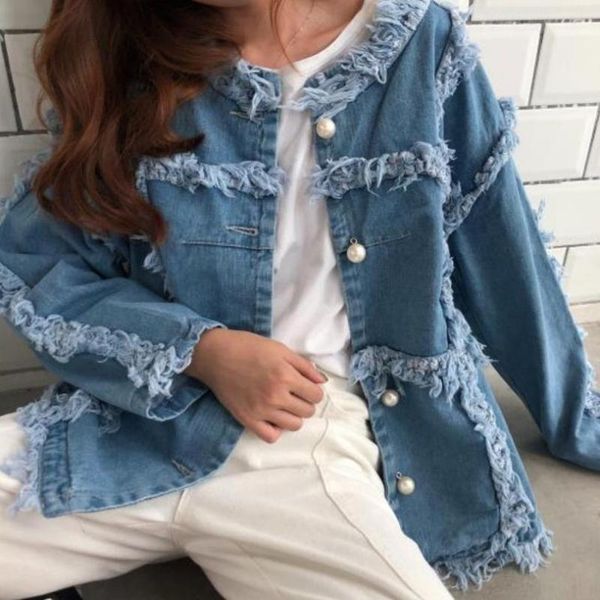 

women's jackets loose pearl long sleeves denim jacket, Black;brown