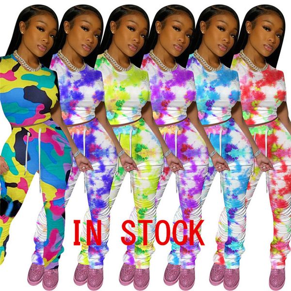 

2020 женщины tracksuit camo цвета tie dye пуловер tshirt crop top ruched штаны экипировка короткие tshirt плиссированные брюки вскользь 2pcs, White