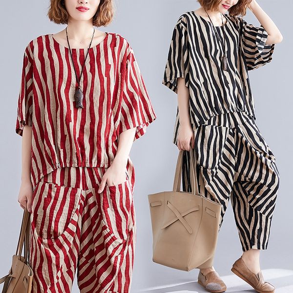 

2020 summer new artistic striped short-sleeved + casual harem pants aging 2020 summer jixin suit slimming two-piece suit, Gray
