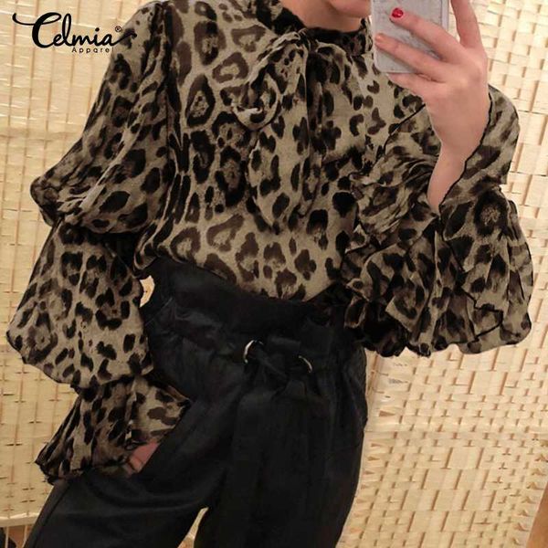 

vintage sexy leopard печати шифон блузка celmia женщины длинные рукава flare см через sheer рубашки top bow tie партии blusas 5xl 7, White