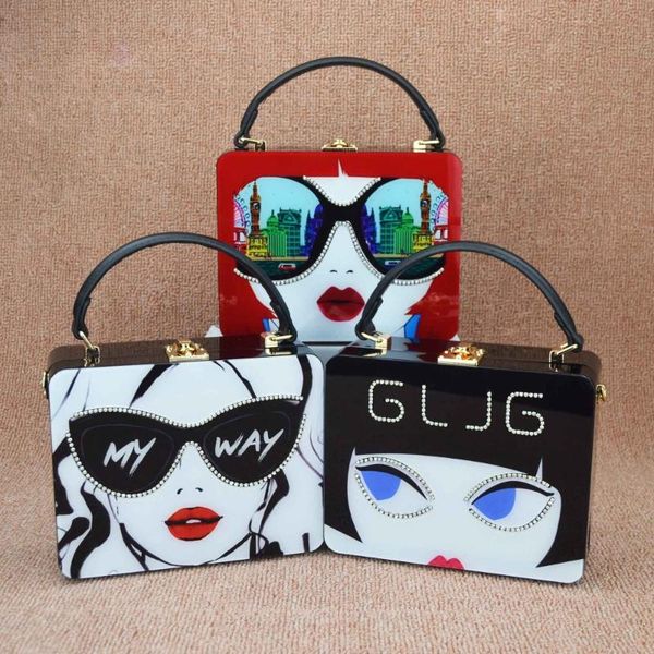 

fashion girl glasses acrylic mini tote bags my way letter box shoulder bags black flap purse strap female messenger